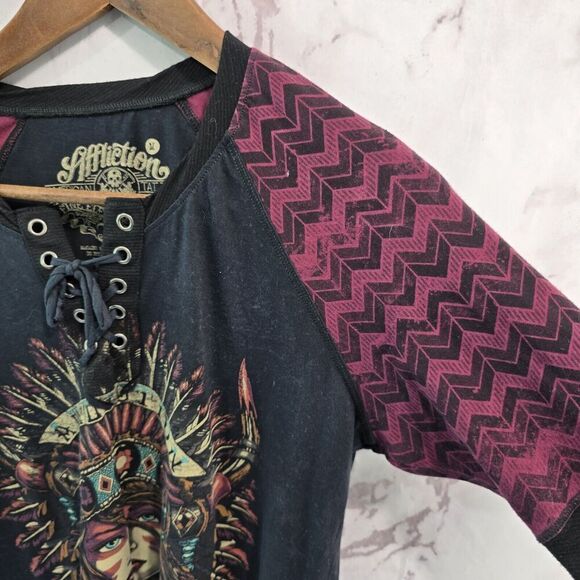 Affliction T Shirt Women Medium Black Red Tee Short Sleeve Criss Cross Feather - Picture 10 of 11